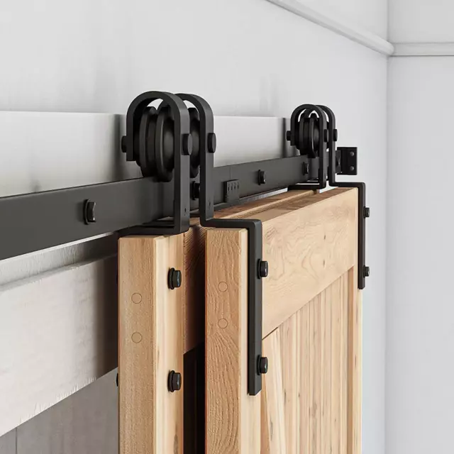 8 Feet Bypass Sliding Barn Door Hardware Kit - for Double Wooden Doors-Single Tr