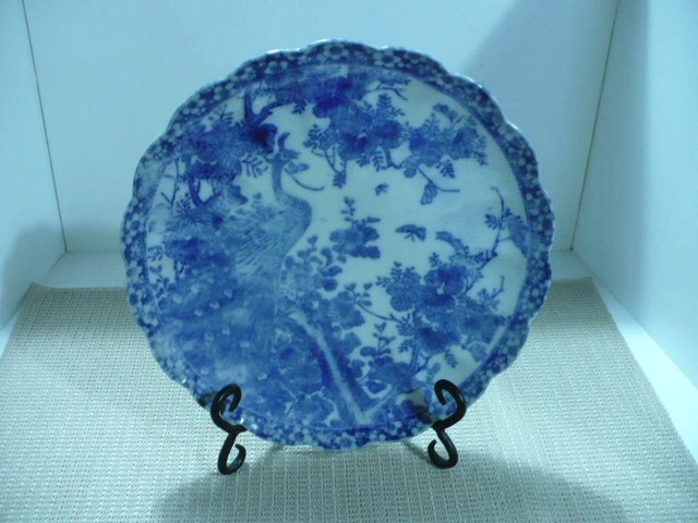 Lovely Antique Vintage Unmarked Blue & White Peacock Design Scalloped Plate EUC