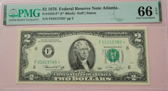Fr#1935-F* $2 1976 Federal Reserve Note Atlanta PMG 66EPQ GEM UNCIRCULATED