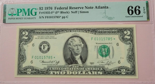 Fr#1935-F* $2 1976 Federal Reserve Note Atlanta PMG 66EPQ GEM UNCIRCULATED