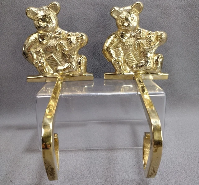 2 Vintage Solid Brass Teddy Bear Christmas Stocking Holders Hangers hooks gift