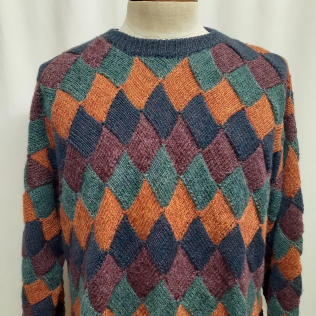 Paul Stuart Mens 100% Alpaca Wool Hand Knit Sweater Argyle Plaid Large ( XL 2XL