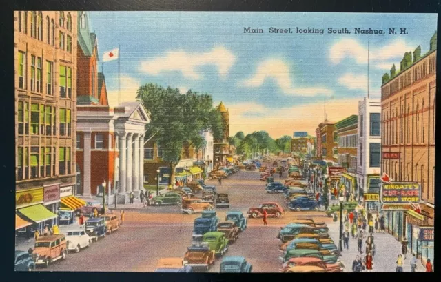 Linen Postcard Nashua NH - c1940s Main Street - Red Cross - Wingates Drug Store