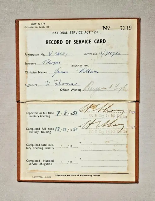 1951 National Service War Record Of Service Card To V06687 James William Thomas