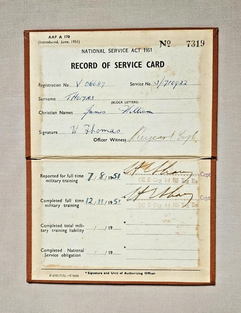 1951 National Service War Record Of Service Card To V06687 James William Thomas 1951 National Service War Record Of Service Card To V06687 James William Thomas