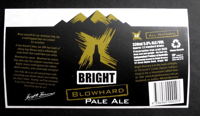 Bright Brewery BRIGHT BLOWHARD PALE ALE beer bottle label AUSTRALIA 330ml