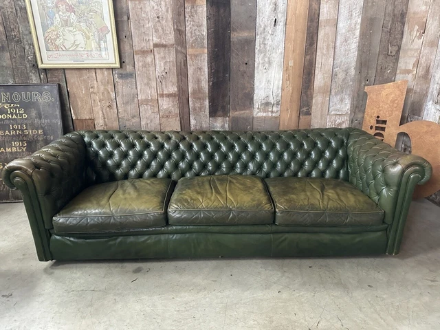 Vintage Large Three Seater Green Leather Chesterfield Sofa