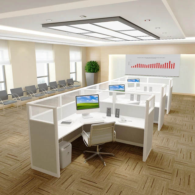 6x6 Cubicles -51″ H- 3 MAN (PACKED) L Shape Glazed Office Cubicles -U