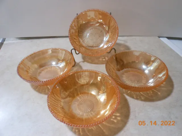 Vintage (4) Small Marigold Carnival Glass Iris Pattern Berry - Desert -Bowl L@@K