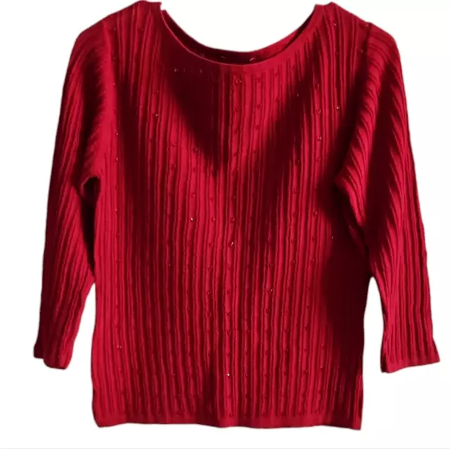 Oscar De La Renta Embellished Ribbed 3/4 Sleeve Sweater Size Large Petite