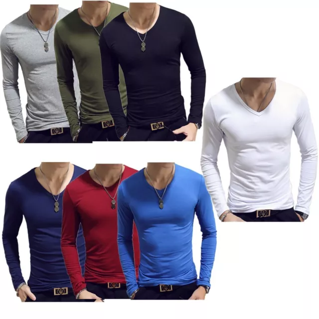 Mens Fashion Muscle Long Sleeve T-shirt Thermal Undershirt V Neck Slim Fit Tops