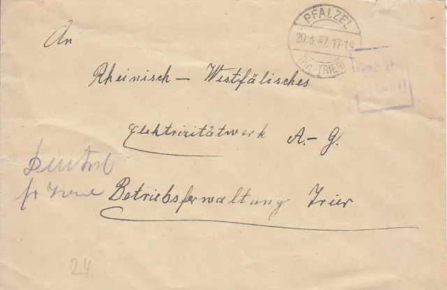 F.Zone - PFALZEL  (Kr. TRIER)  - Gebühr bezahlt - Brief - 1947