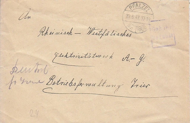 F.Zone - PFALZEL  (Kr. TRIER)  - Gebühr bezahlt - Brief - 1947