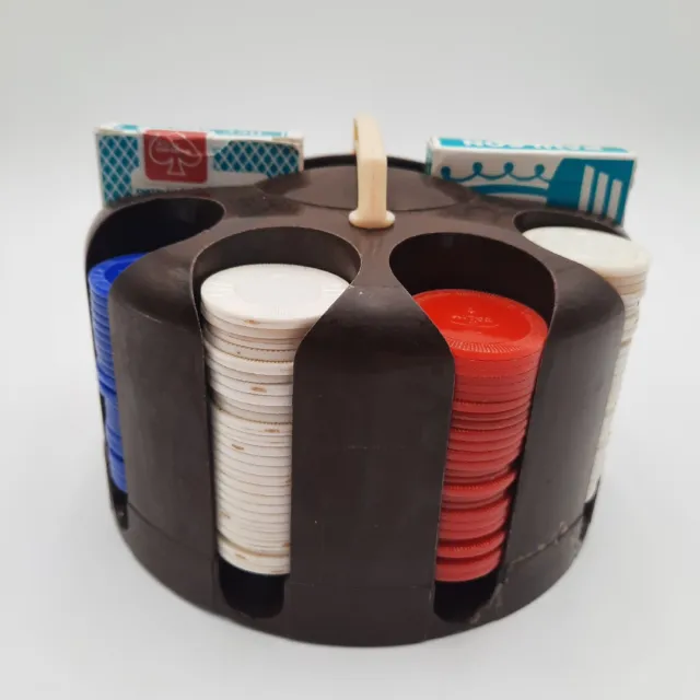 Vintage 2-Deck Plastic Poker Chip Carousel Marbled Base Poker Chips Cards Dice