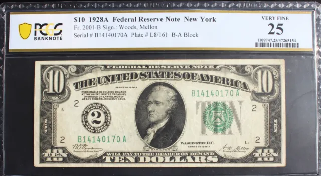 1928A $10 Federal Reserve Note NEW YORK FR.2001-B  PCGS 25 VERY FINE