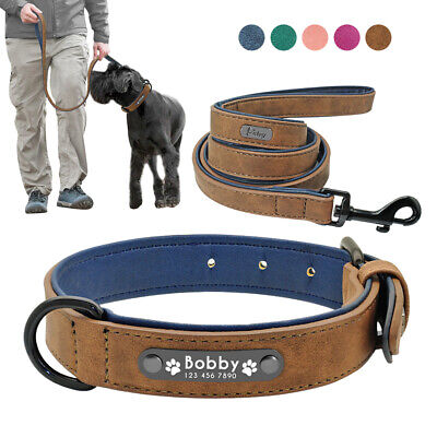 Custom Personalized Leather Dog Collar Leash Optional Padded ID Name Engraved