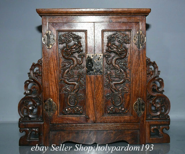 15.2" Old Chinese Huanghuali Wood Dynasty Dragon Drawer Cupboard Cabinet