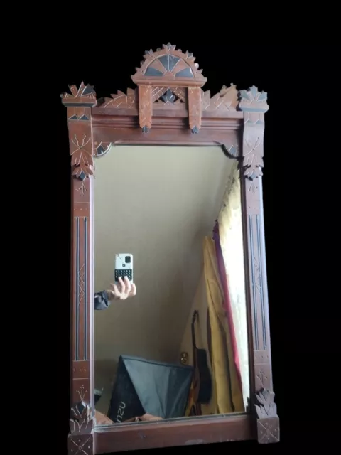 Antique Victorian Era Hand Carved Eastlake Mirror Gothic Wall Mirror Vintage