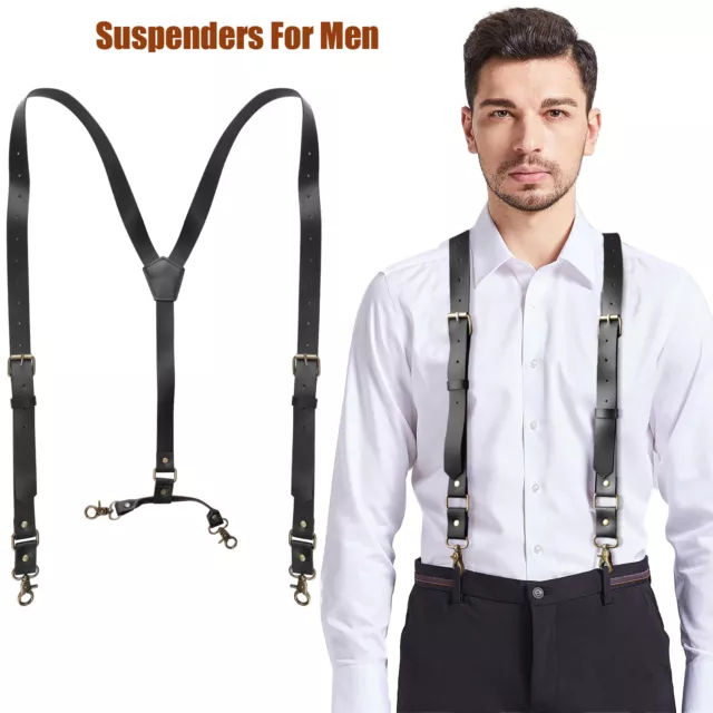 Mens Y-back Buckles Suspenders Straps Loops PU Leather Heavy Duty Pants Braces