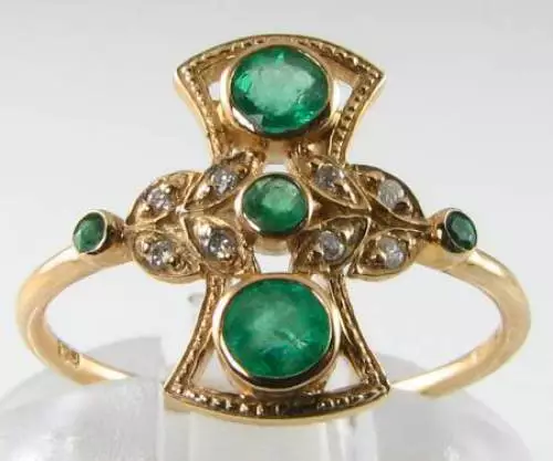 9Ct 9K Yellow Gold Emerald Diamond Art Deco Ins Fan Cluster Ring Free Resize