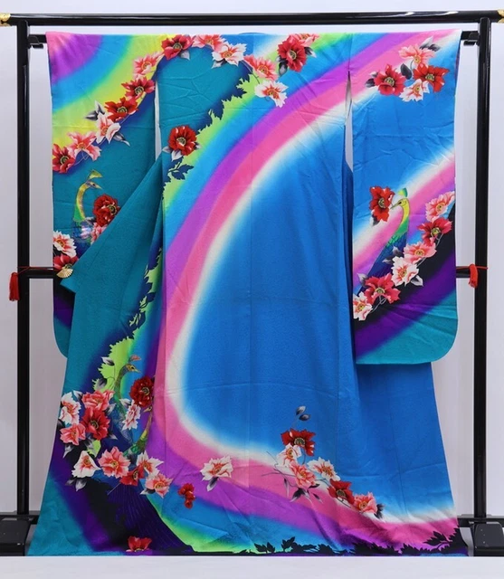 Uchikake kimono, purple, blue, floral pattern, large furisode sleeves, pure silk