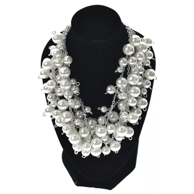 White Pearl Multi Layer Necklace Ladies Statement Bib Beaded Vintage Chunky CN