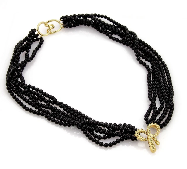 Tiffany & Co. 18k Yellow Gold Bow Pendant Multi-Strand Onyx Bead Necklace Tiffany & Co. 18k Yellow Gold Bow Pendant Multi-Strand Onyx Bead Necklace