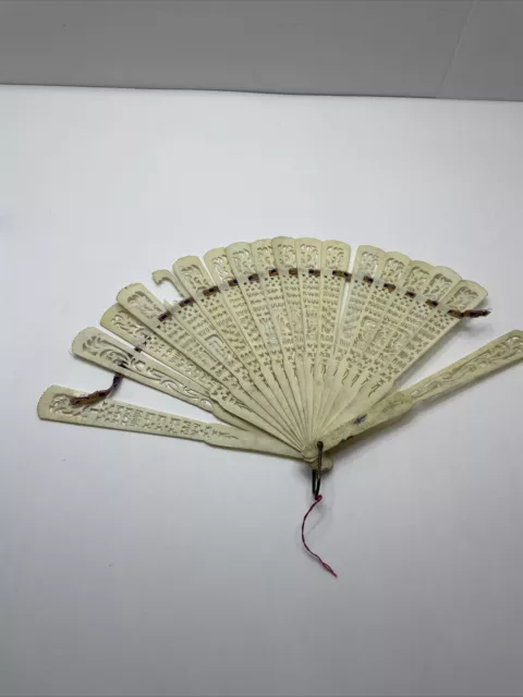 Antique Chinese Export Intricate Carved Bovine Panel Fan Finely Carved ￼w/box