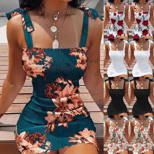 Womens Floral Strappy Mini Dress Ladies Summer Party Beach Holiday Bodycon Dress