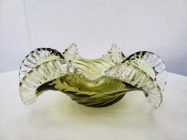 Vintage Etched Chalet Swirled Ruffled Olive Green To Clear Art Glass Bowl MCM
