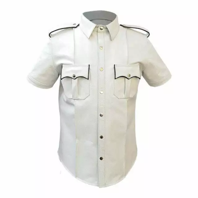 Camicia da uomo in vera pelle bianca polizia stile militare GAY BLUF TUTTE LE TAGLIE hot shirt