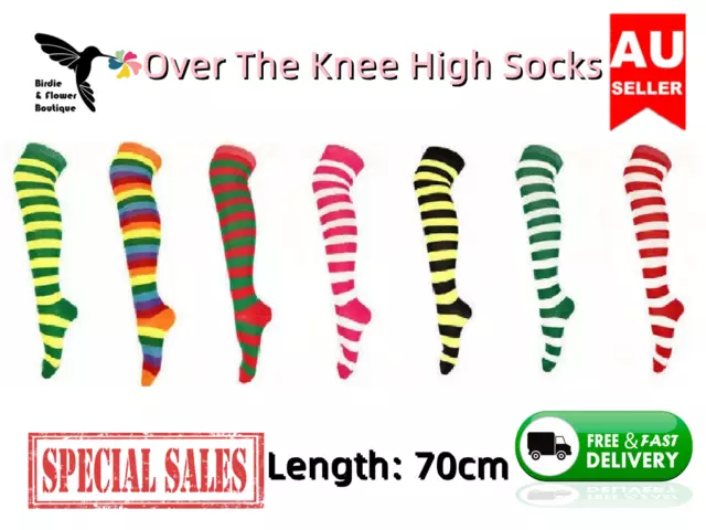 Over The Knee High Socks Striped Ladies Girls Women Cheerleader Pair Stripe AU