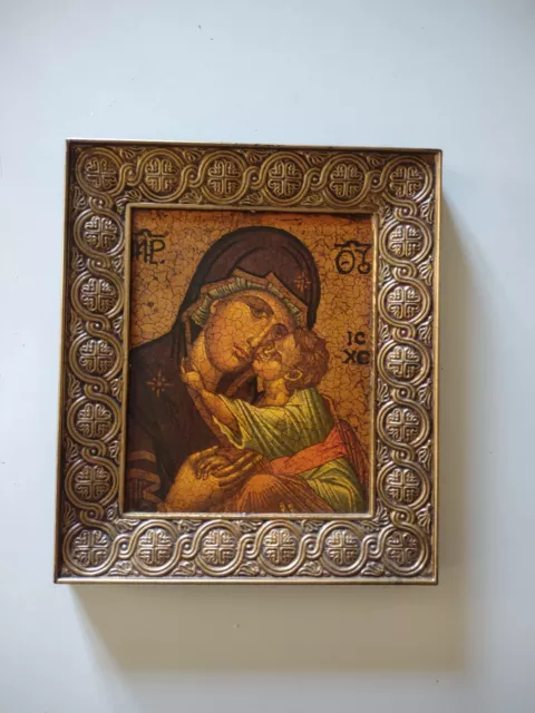 Vintage Handmade Greek Orthodox Icon Featuring The Virgin Mary And Christ Child