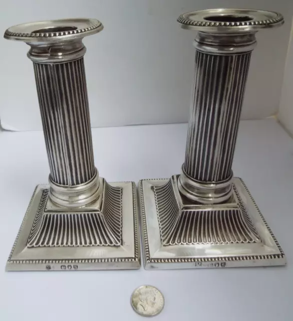Lovely Heavy Matching English Antique 1893 Sterling Silver Column Candlesticks