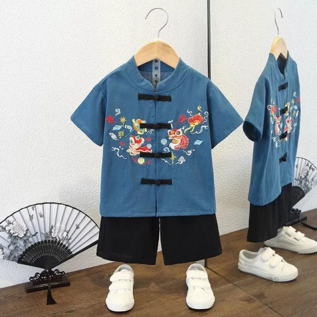 Childrens Retro Chinese Tang Suit Boys Short Sleeves Shirt+Shorts Cute Ethnic