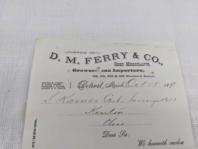 1879 D.M. Ferry Seeds Antique Ephemera Letterhead Letter Receipt Paper Detroit