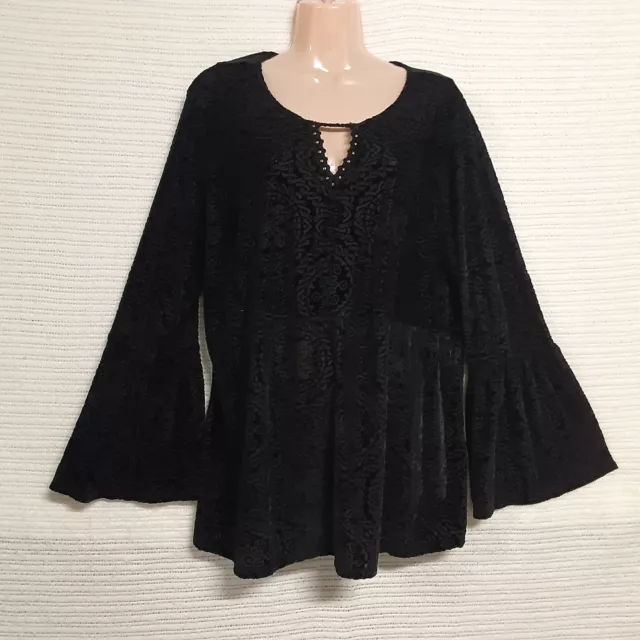 Style & Co. Women Boho Top Blouse Shirt Size 1X Black Velvet Flared Sleeve