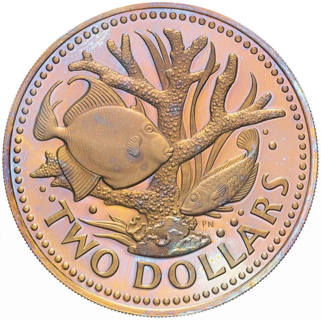 1974 Barbados Two Dollars Deep Golden Purple Monster Color Toned Bu Unc Gem (Mr)