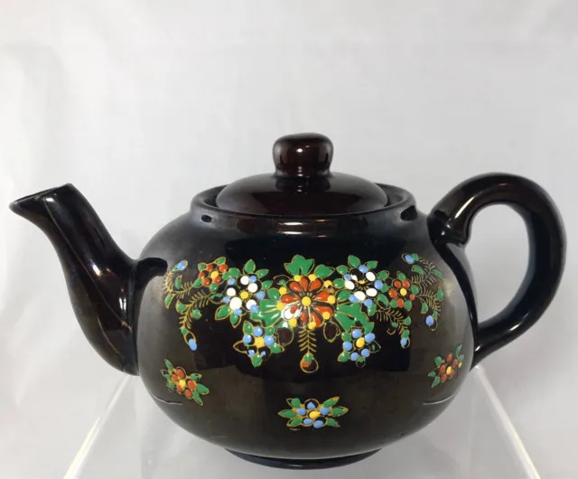 VINTAGE TEAPOT Made In Japan GLOSS BROWN GLAZE Hand Painted Ceramic COFFEE POT