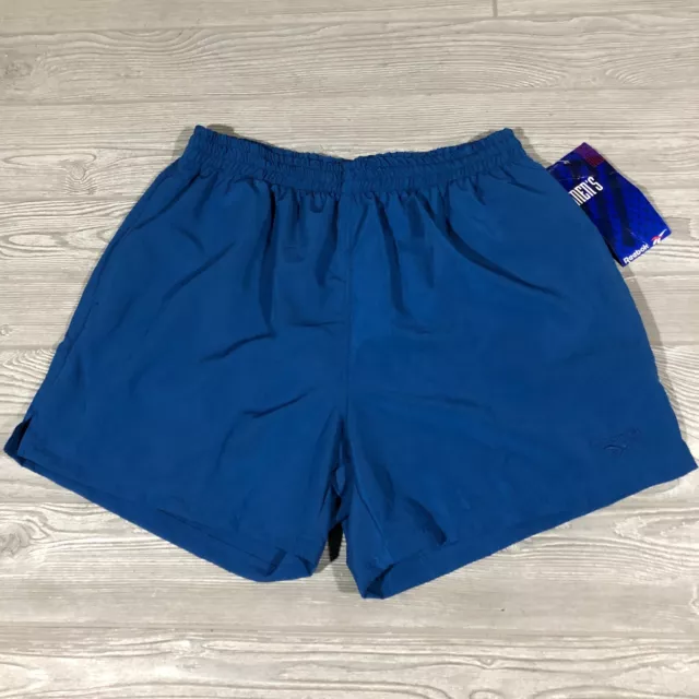 Reebok Shorts Mens L Blue Solid Logo Vintage Deadstock 90s Nylon Lined New 3758