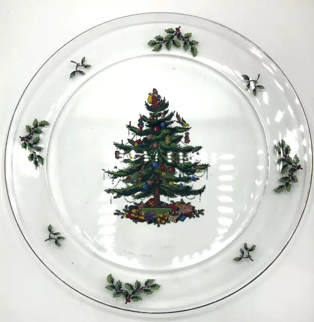 Vintage Arcoroc Clear Glass Christmas Tree Platter Cookie Plate Gold Trim France