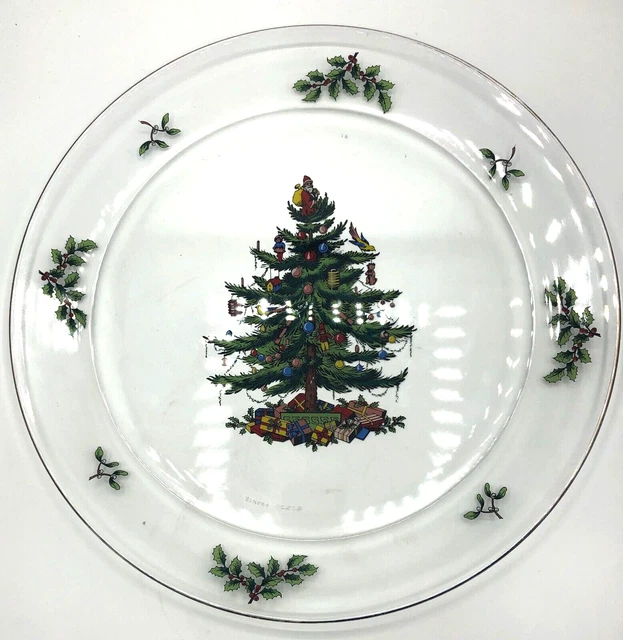 Vintage Arcoroc Clear Glass Christmas Tree Platter Cookie Plate Gold Trim France