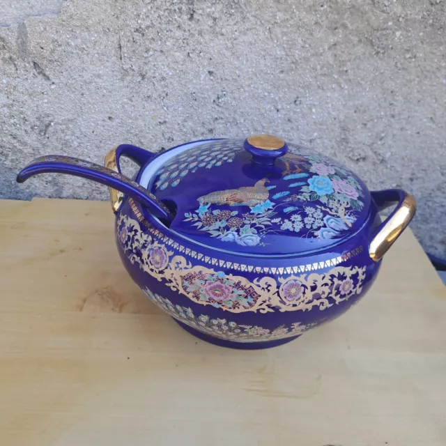 Ancienne Soupière Légumier avec sa louche Faïence Bleu Chine /Art de la table