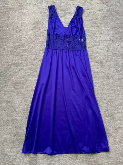 VTG Adonna Nightgown Womens Medium Purple Satin Sheer Lace Midriff Made in USA