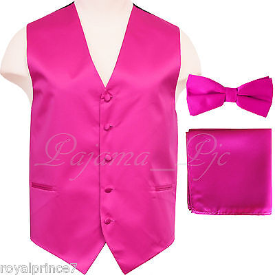 Fuchsia Pink 10-C Men's Tuxedo Vest Waistcoat and Bow tie Hanky Set Prom Wedding