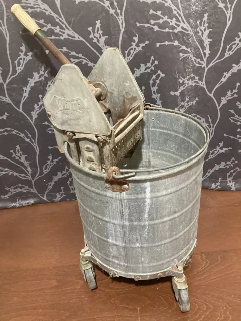 Vintage Galvanized Steel Mopping Bucket on Casters & White Mop Wringer
