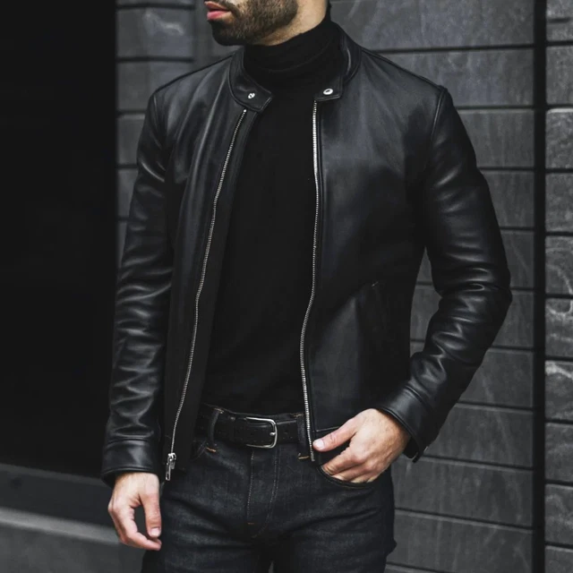 New Black Racer Leather Jacket Men Biker Moto Pure Lambskin Size S M L XL XXL