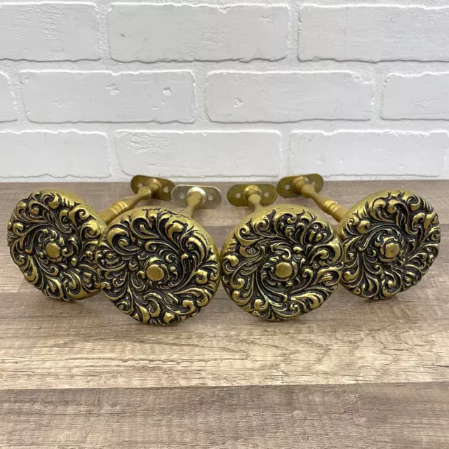 4 Vintage Ornate Brass Round Medallion Curtain Drapery Hold Backs Tiebacks MCM
