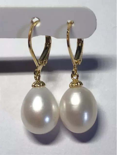 Natural AAA 9-8 Mm South Sea White Pearl Earrings 14k Yellow Gold