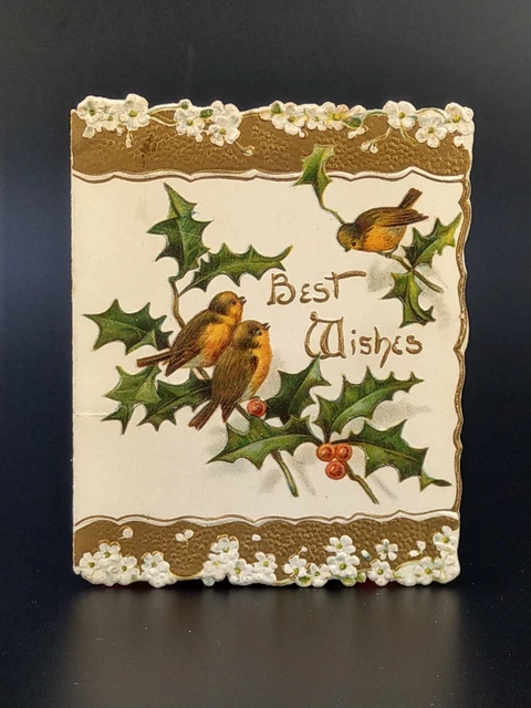 Birds, holly bush, gold gilt, embossed, Greetings card Davidson Bros London